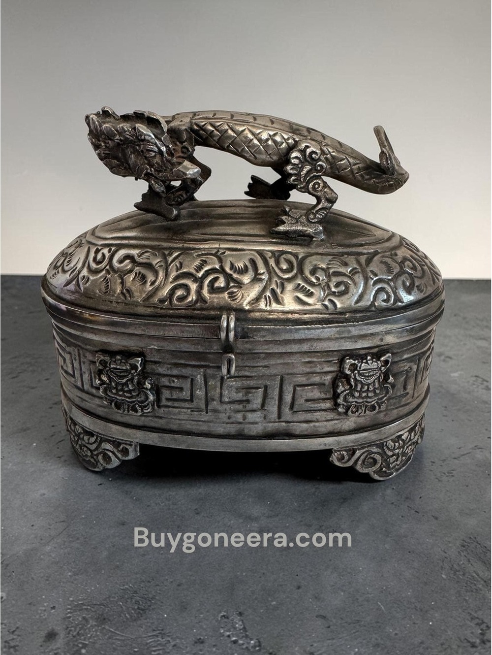 Vintage Asian Dragon Trinket Box ~ Silver Toned Ornate Jewelry Box